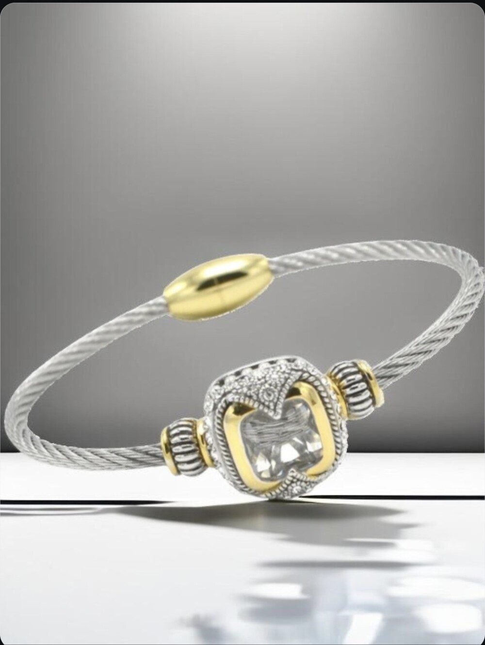 Luxury Designer Silver Stainless Twisted Cable Rope Zircon Crystal Bracelet
